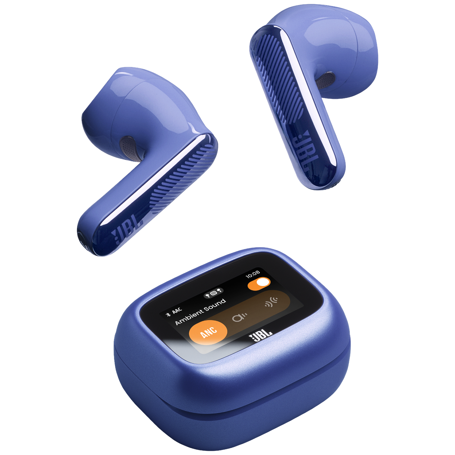 Three blue JBL wireless earbuds and charging case against a black background.