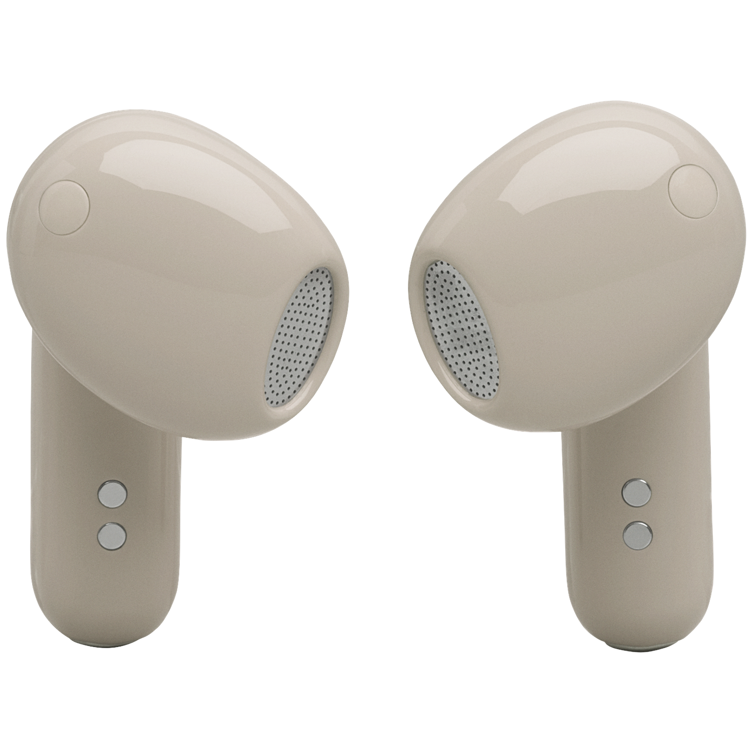 Two beige wireless earbuds with black grilles and buttons on a black background.