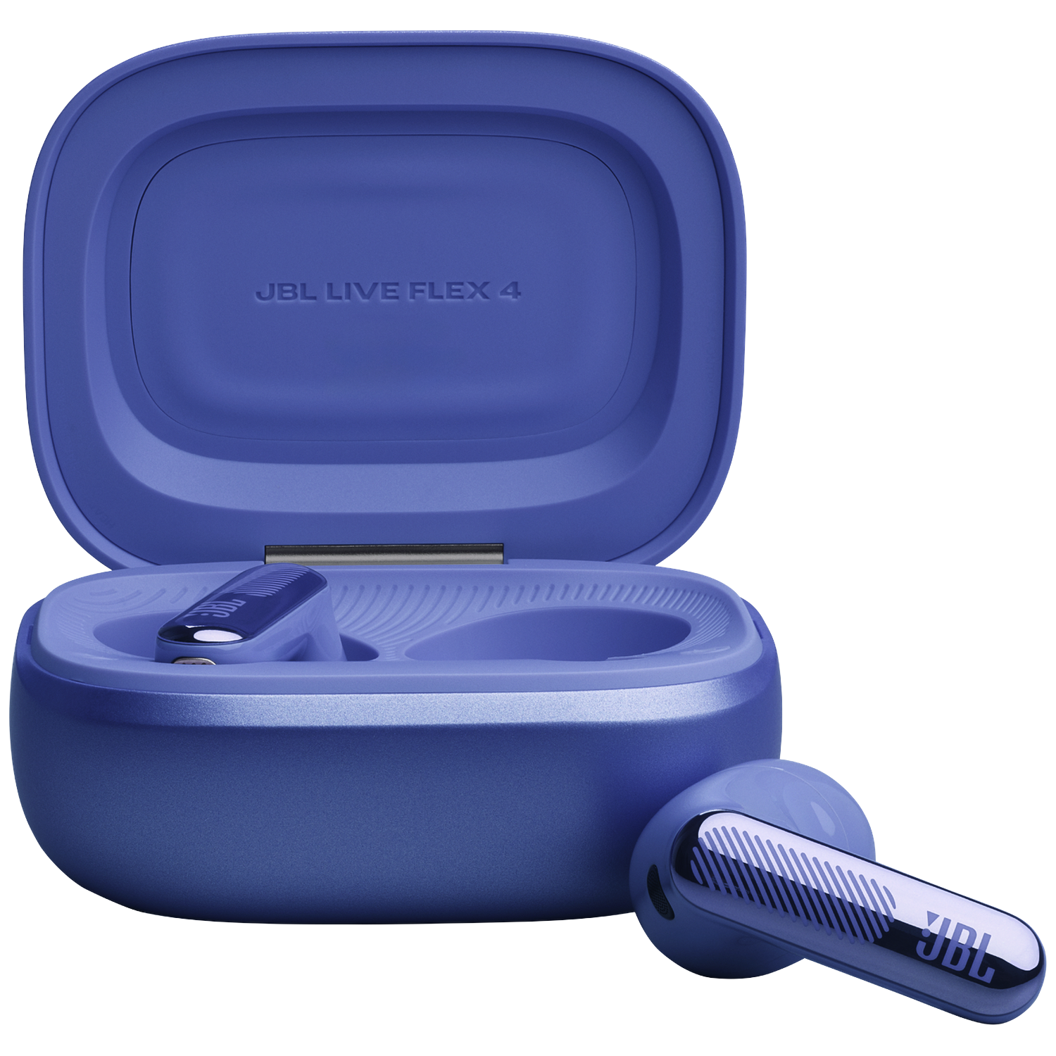 Blue JBL wireless earbuds with open charging case. One earbud is beside it.