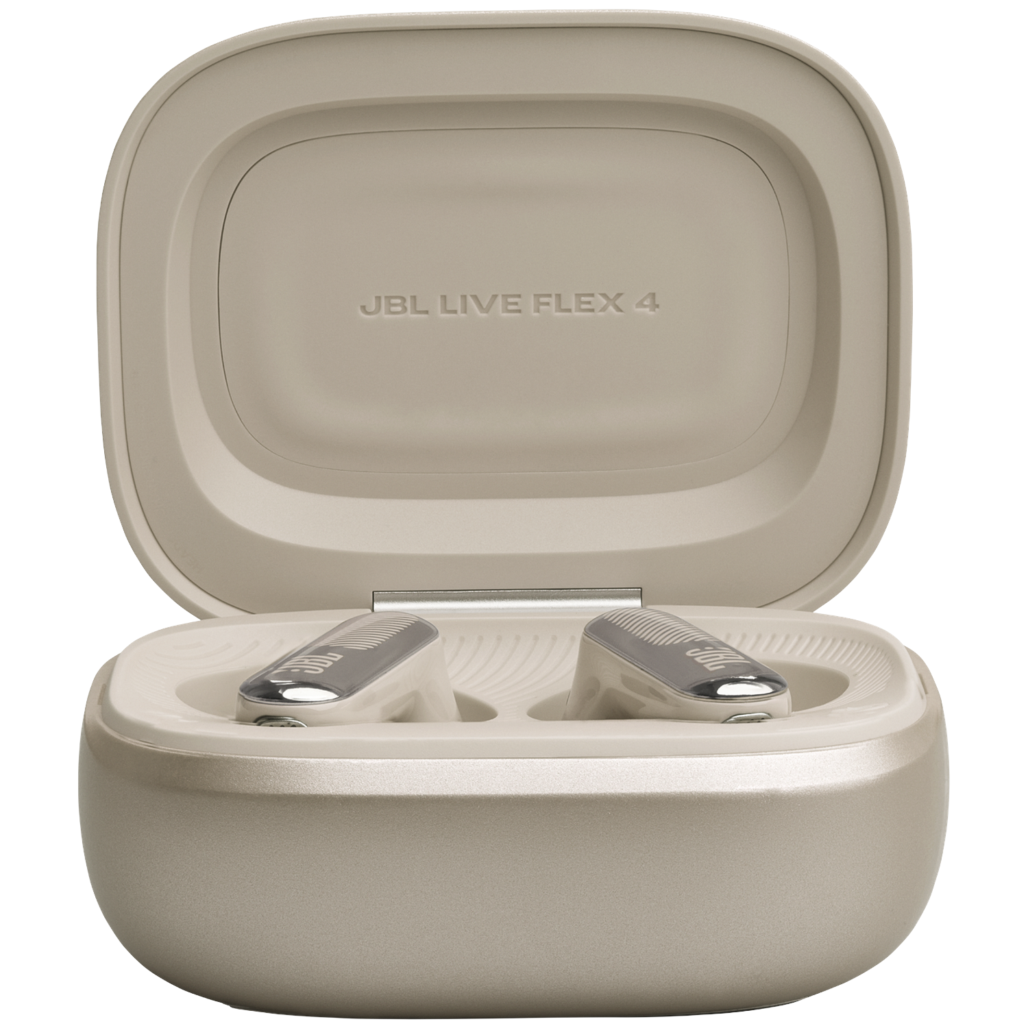 Beige JBL Live Flex 4 earbuds in an open charging case.
