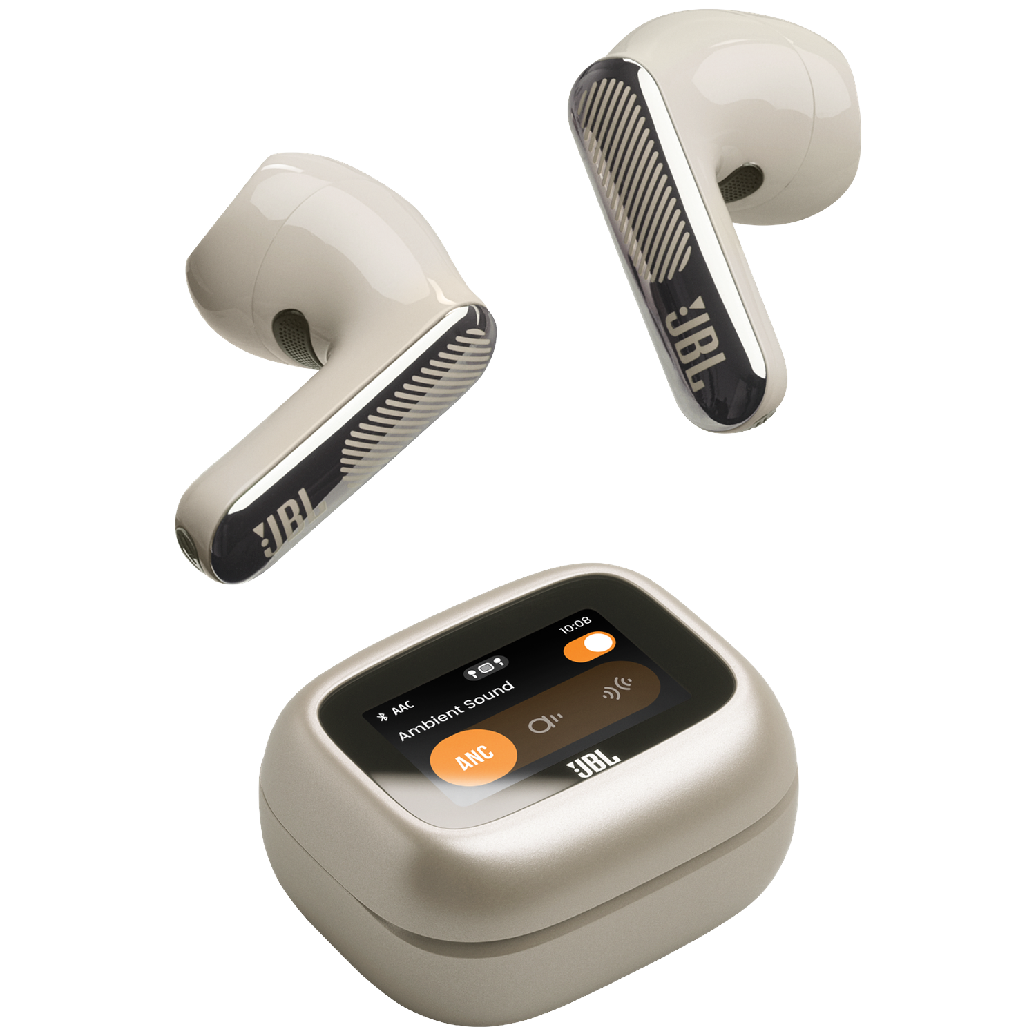 Two white JBL earbuds and a beige charging case with a touchscreen.