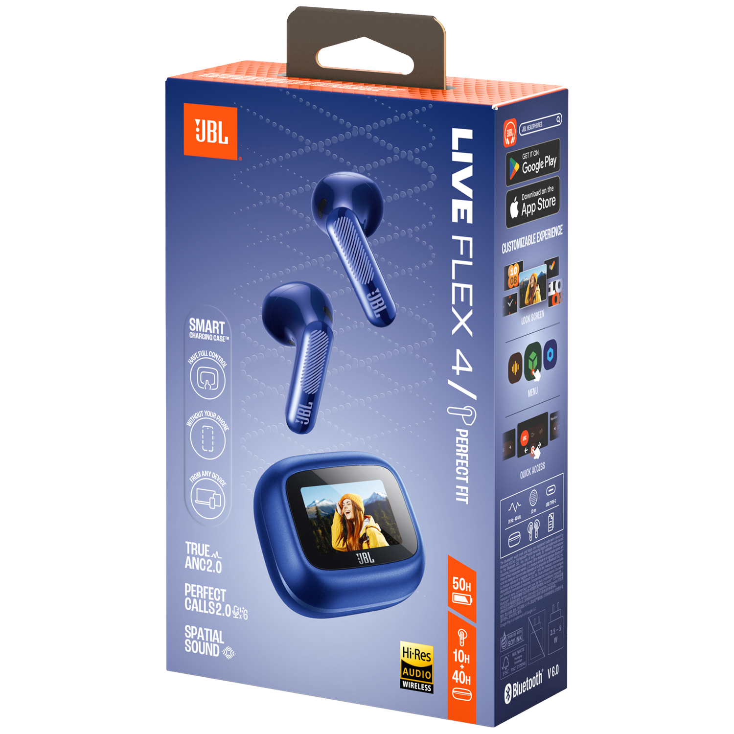 JBL Live Flex 4/P earbuds in blue packaging with image of girl on charging case.