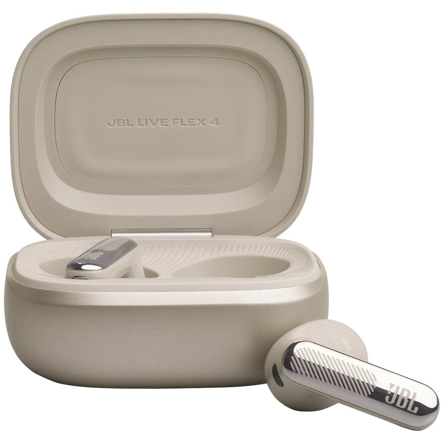 Beige JBL Live Flex 4 earbuds with charging case. One earbud is placed beside it.