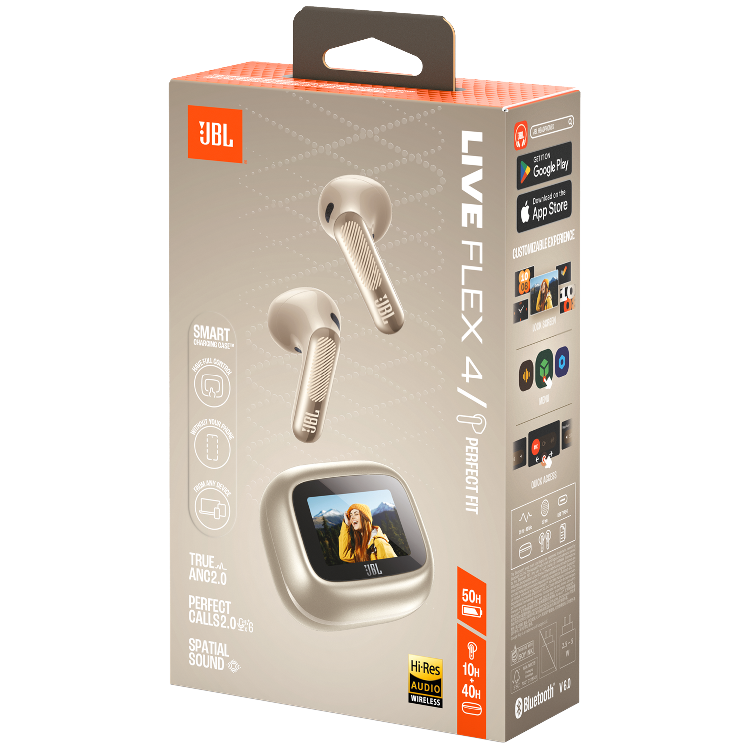 JBL Live Flex 4/P earbuds packaging with a charging case featuring a display.