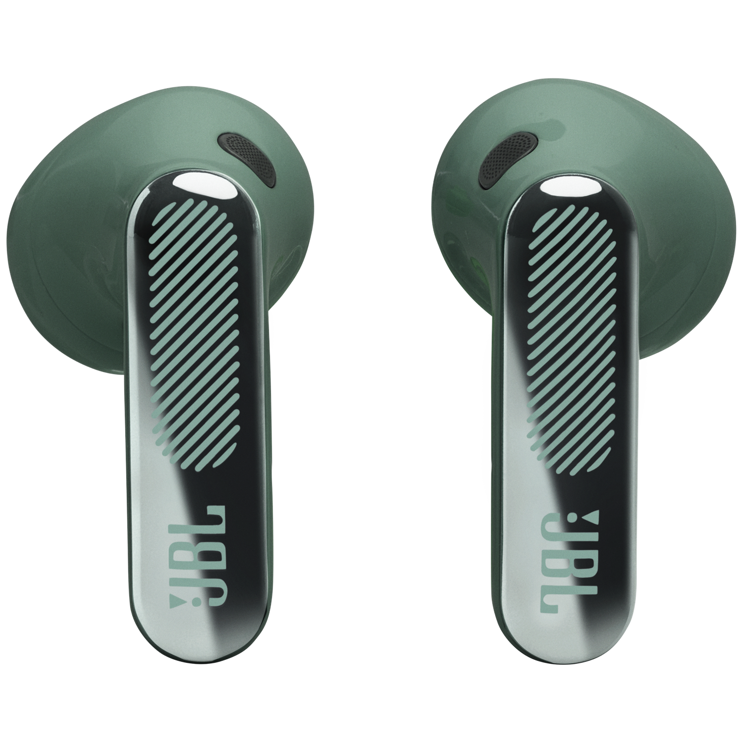Deux écouteurs JBL verts avec accents argentés sur fond noir.