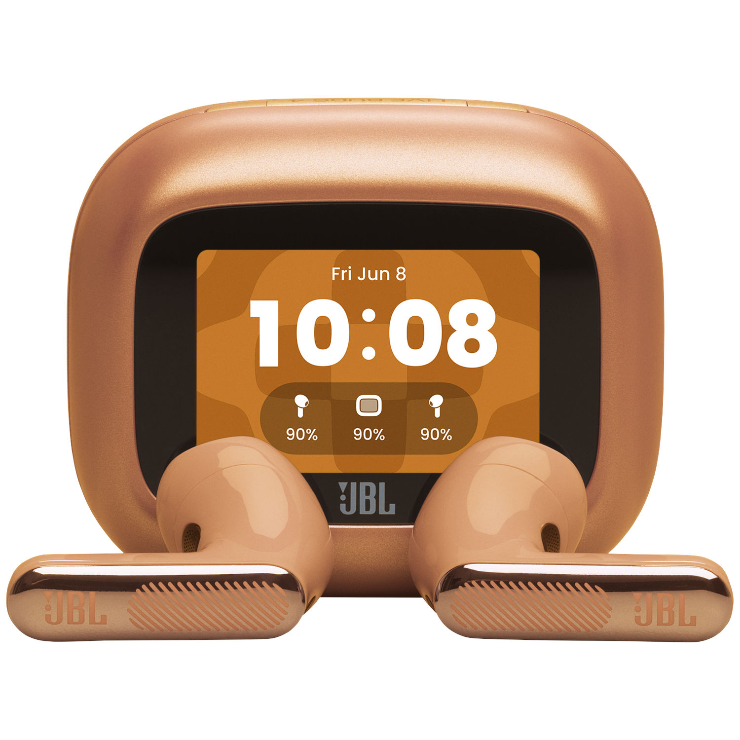 Roségouden JBL oordopjes en case tonen 10:08, vr 8 juni, batterij 90%.