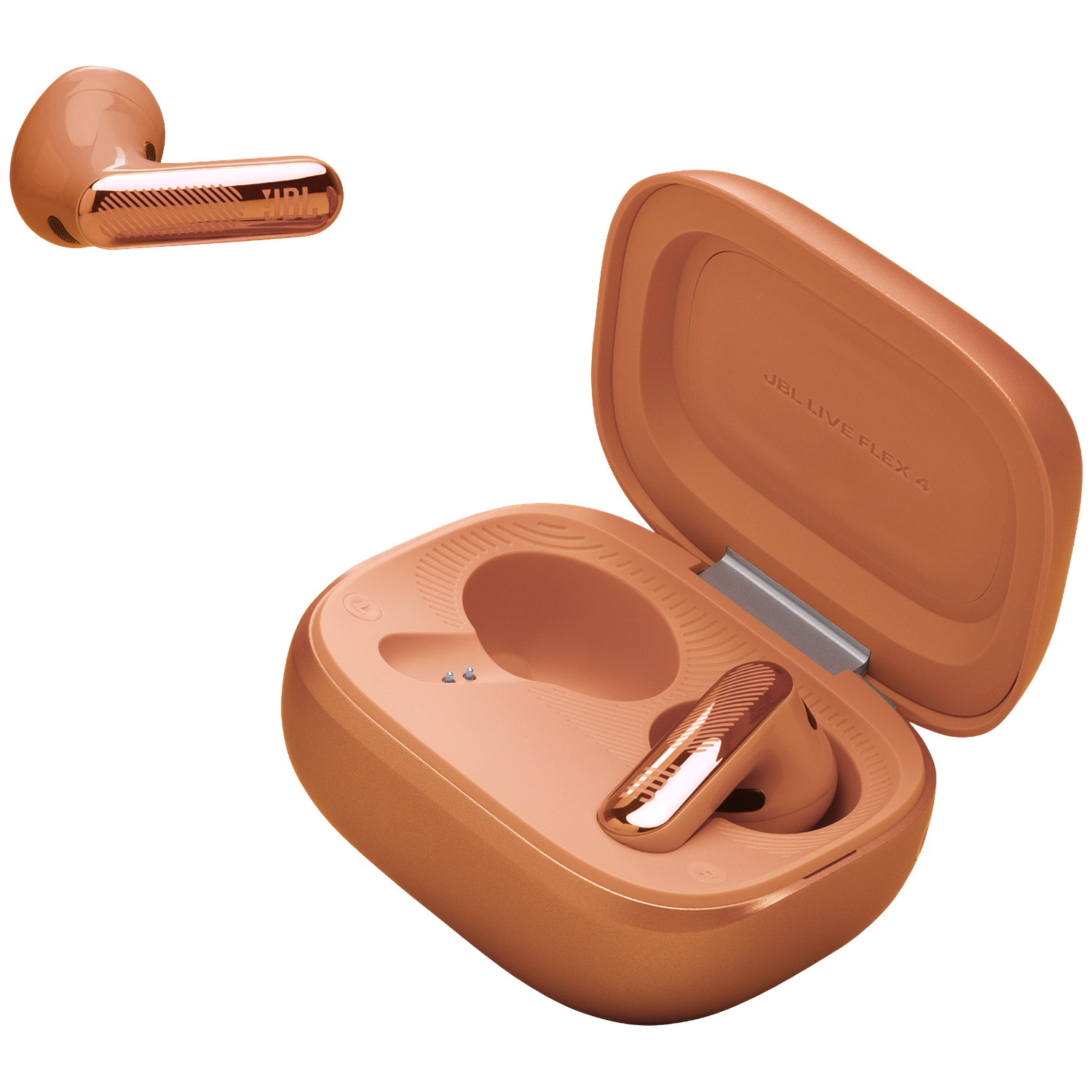 Een oranje JBL oordopjes set met een open oplaadcase.