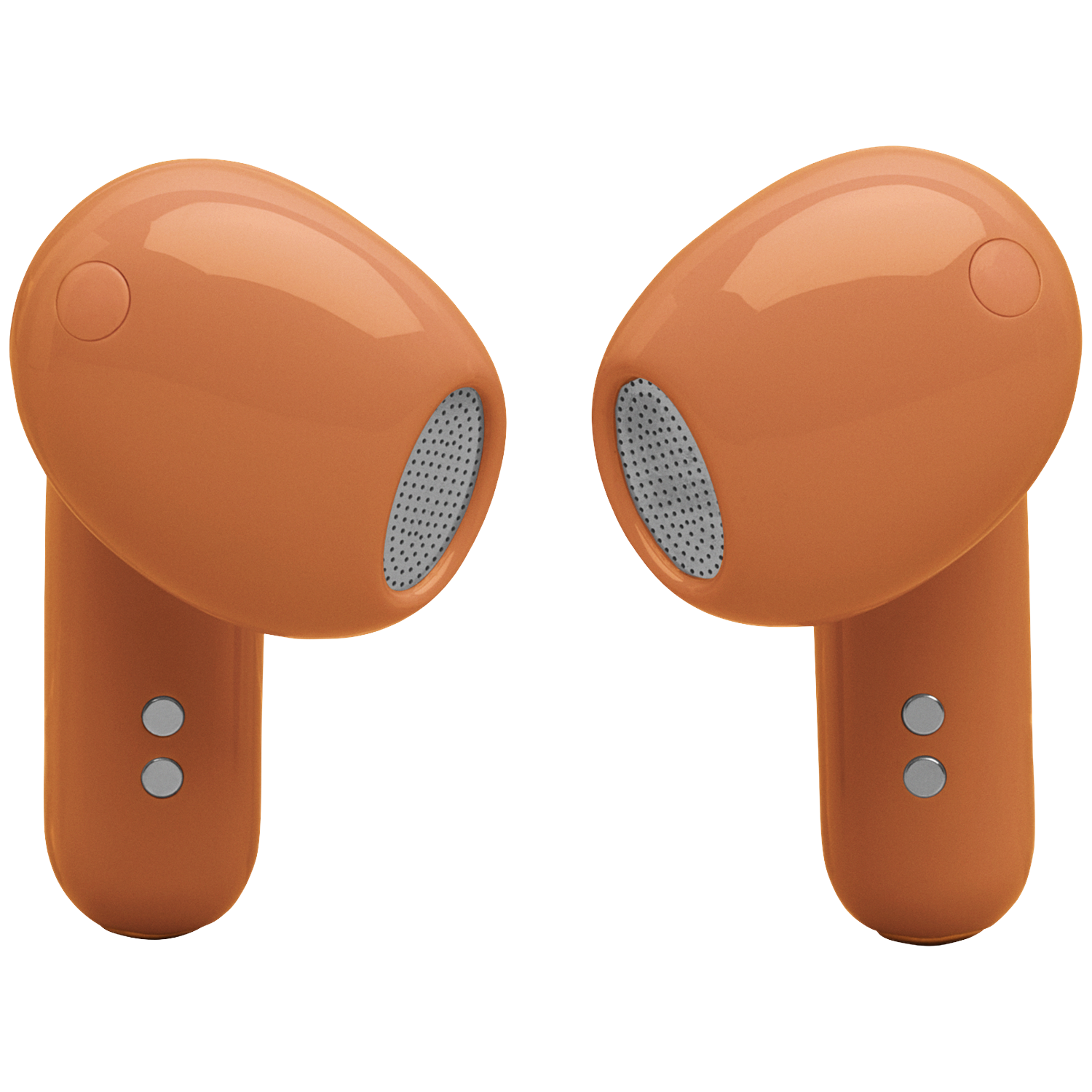 Twee oranje oordopjes met zilveren accenten op een zwarte achtergrond.