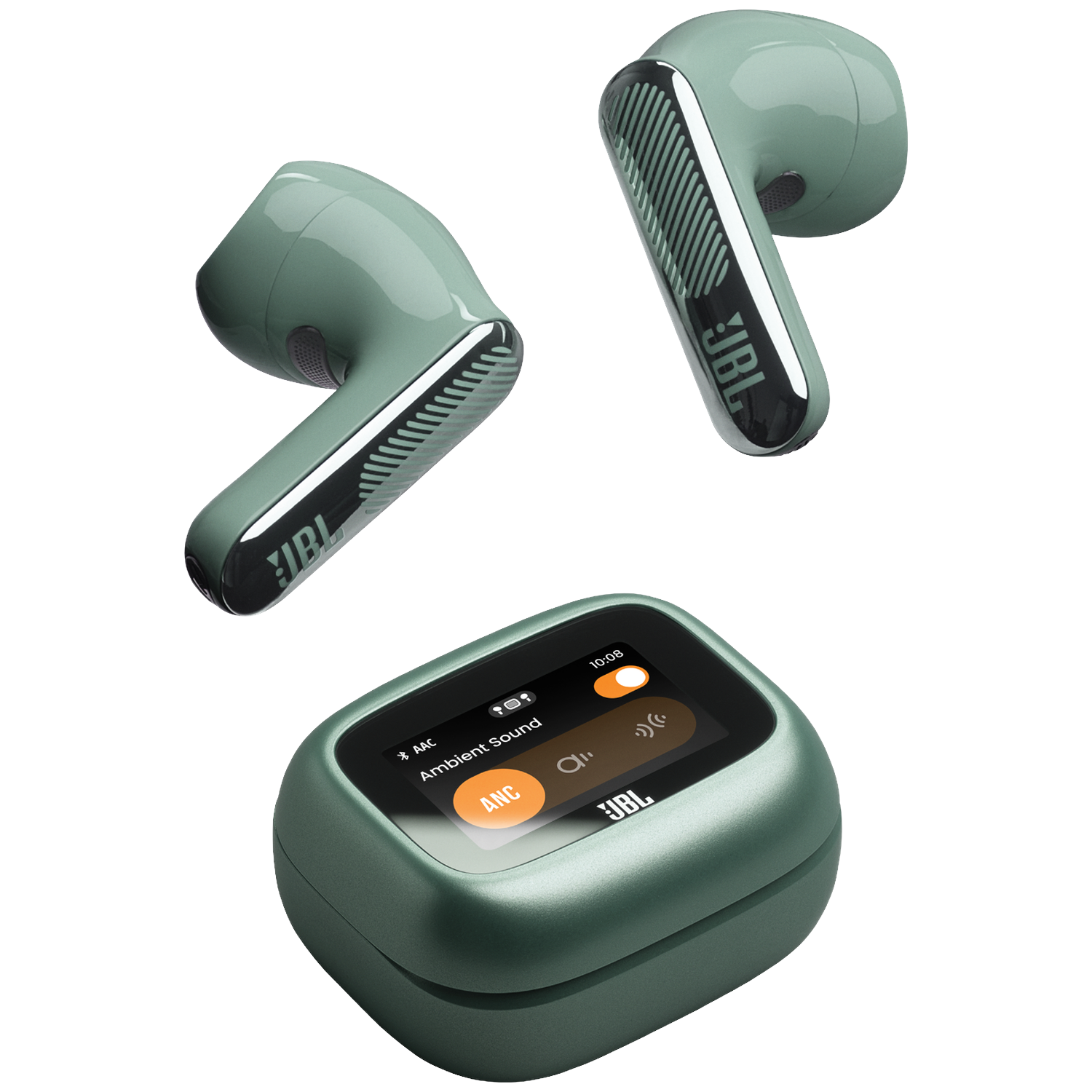 Deux écouteurs JBL verts et leur étui de chargement vert avec écran.
