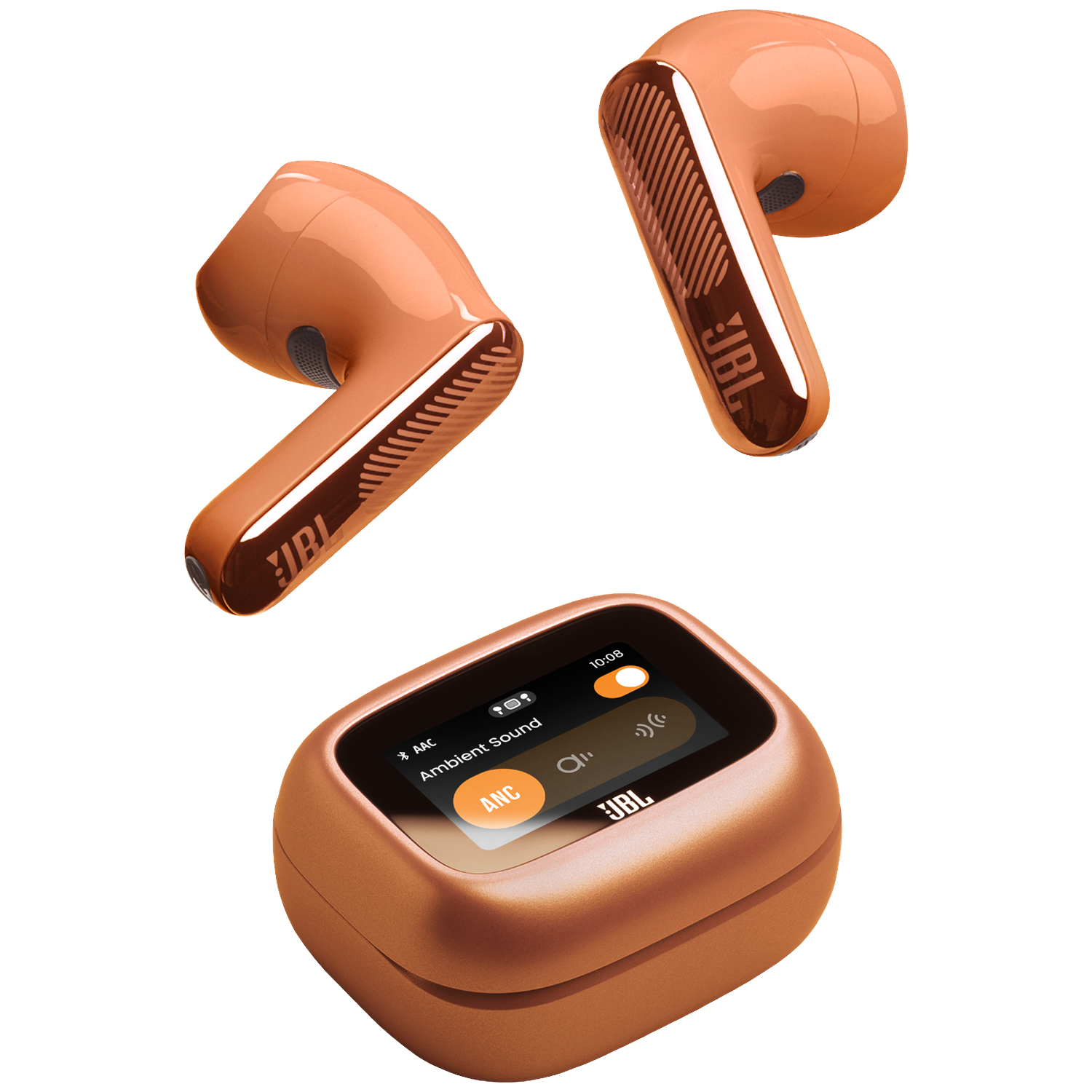Oranje JBL oordopjes en oplaadcase met touchscreen.