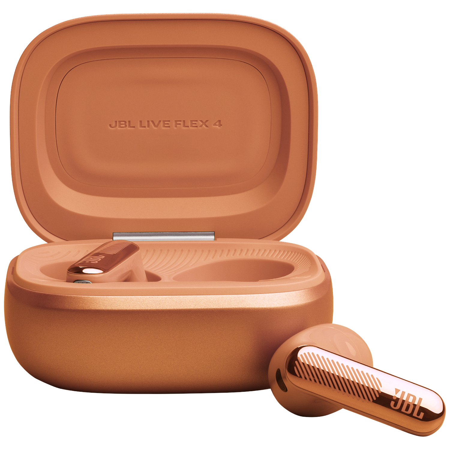 Oranje JBL Live Flex 4 oordopjes en oplaadcase. Eén oordopje rust buiten de open case.