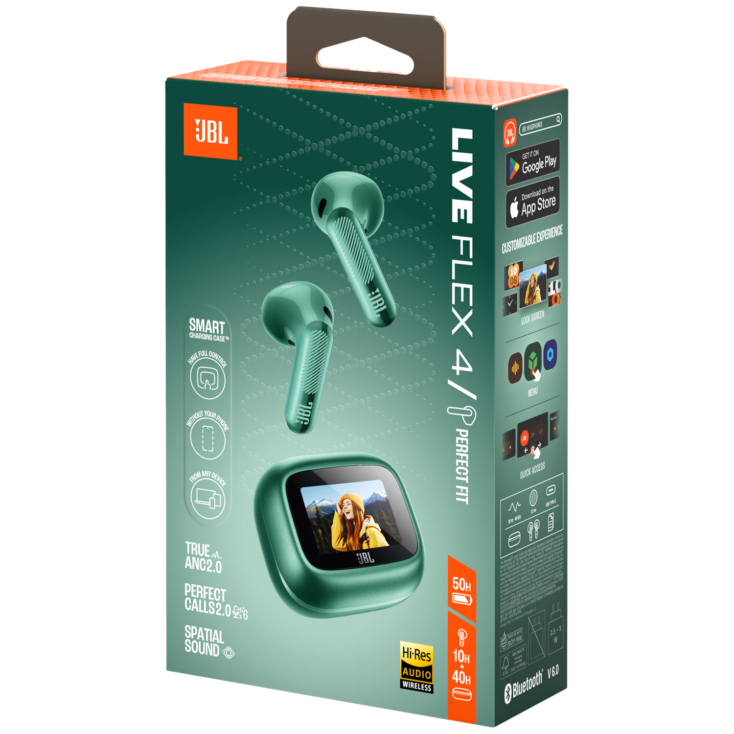 Emballage d'écouteurs JBL Live Flex 4/P verts avec informations détaillées sur le produit.