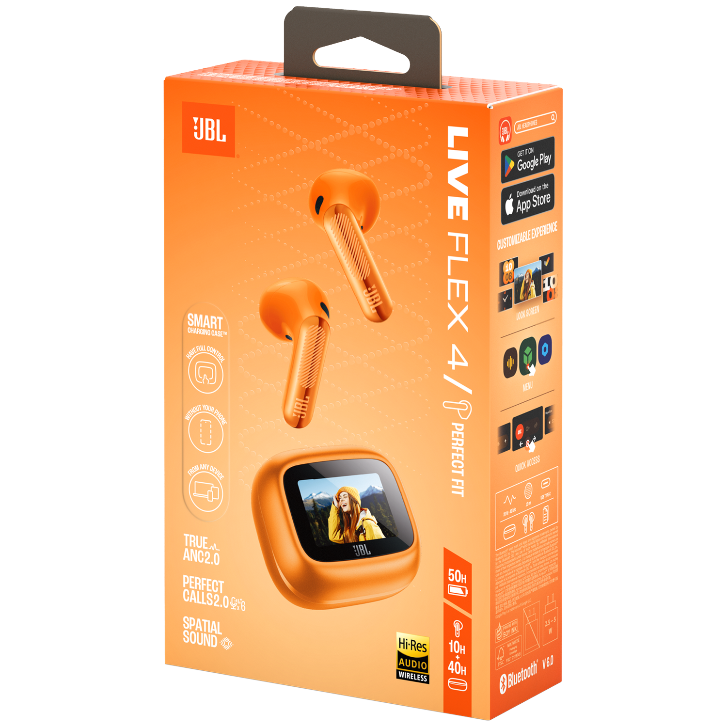 Verpakking JBL Live Flex 4/P oordopjes met app download info, functies en specificaties.