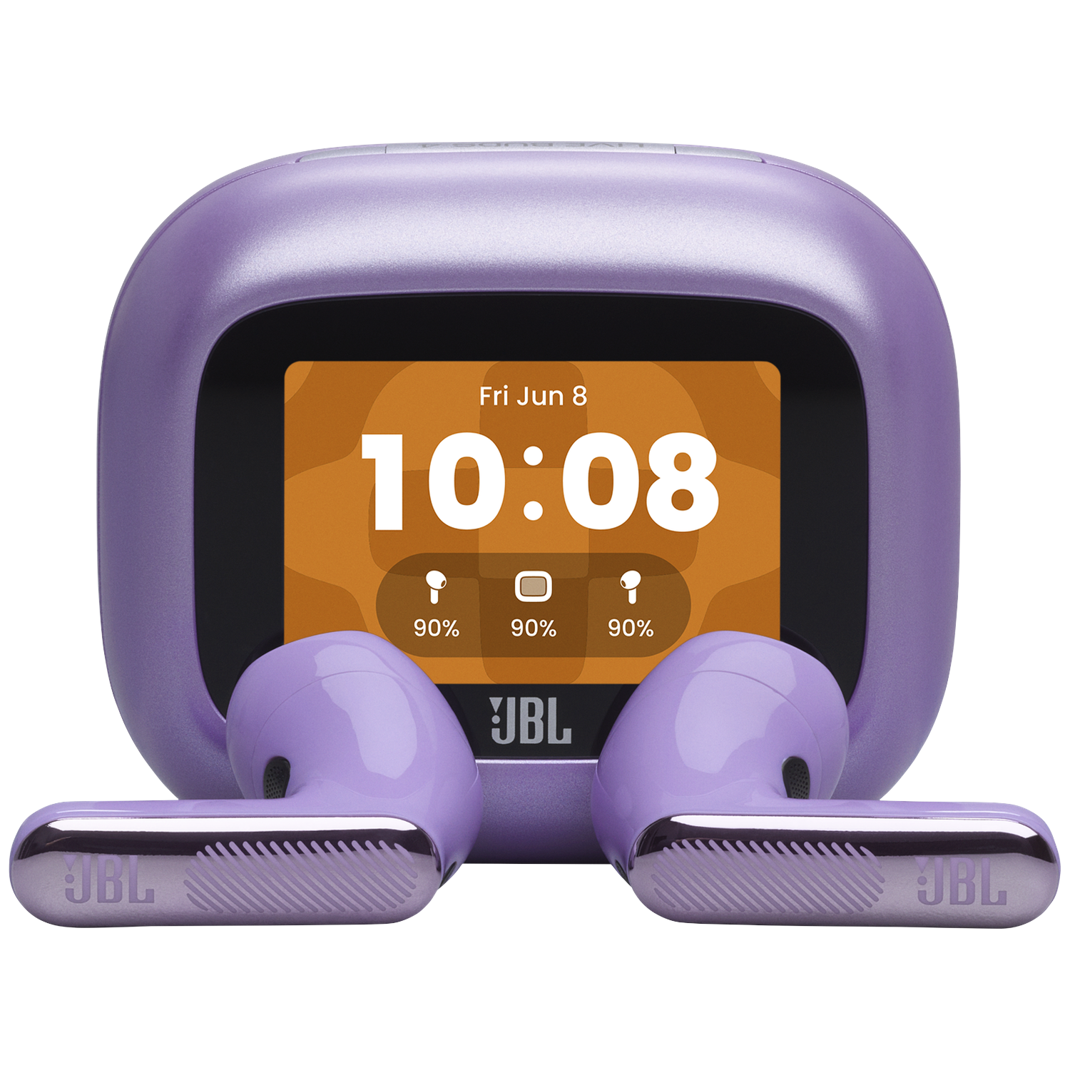 Écouteurs JBL violets et étui de chargement affichant l'heure et les niveaux de batterie.