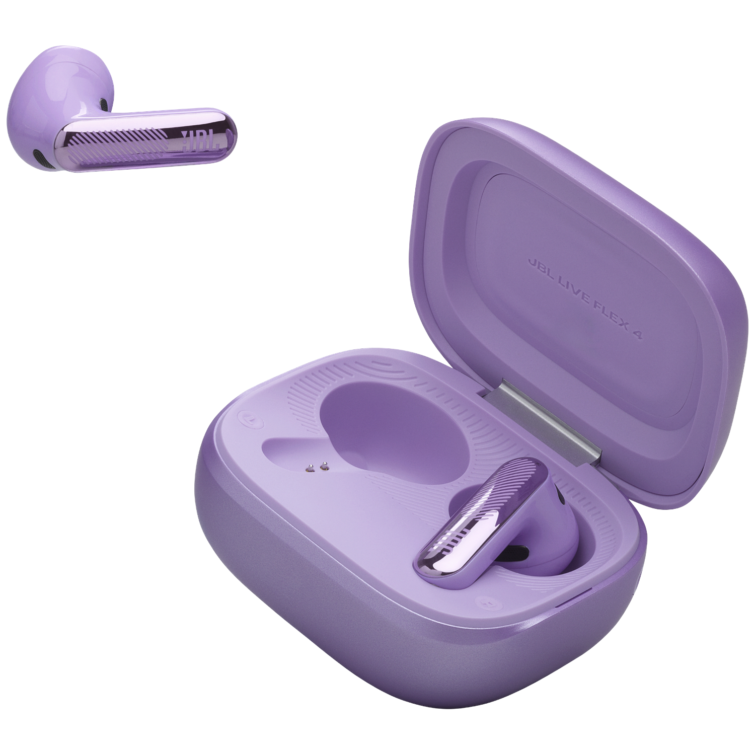 Écouteurs JBL violets avec étui de chargement. Un dans l'étui, un à côté.