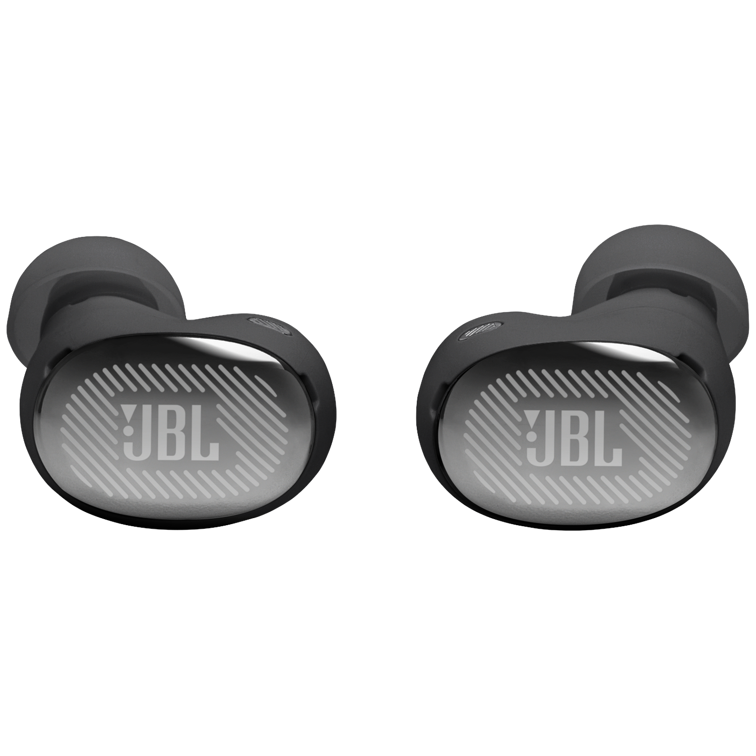 Two black JBL earbuds with silver JBL logo on a white background.