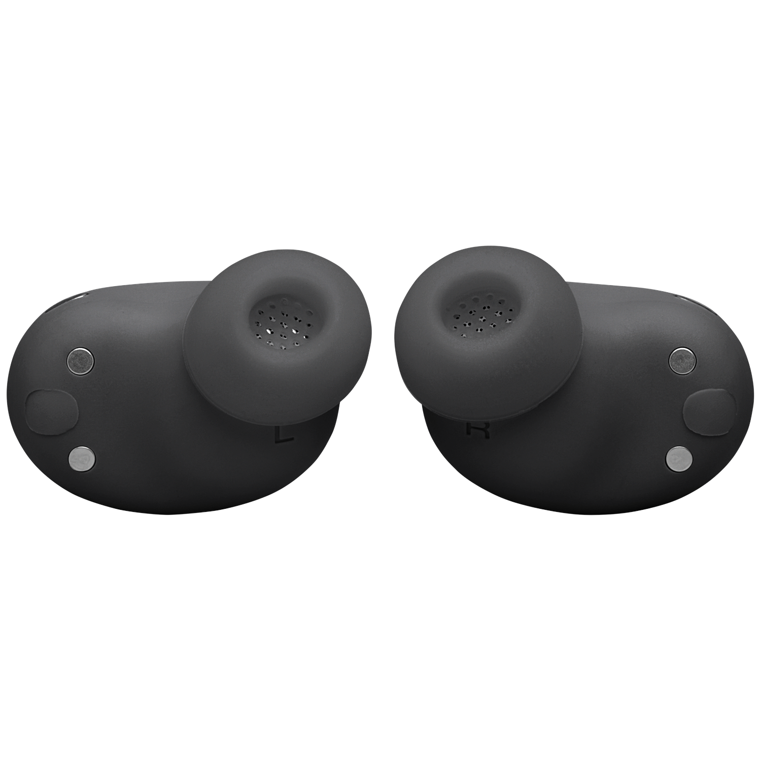 Two black wireless earbuds with silicone tips, marked L and R.