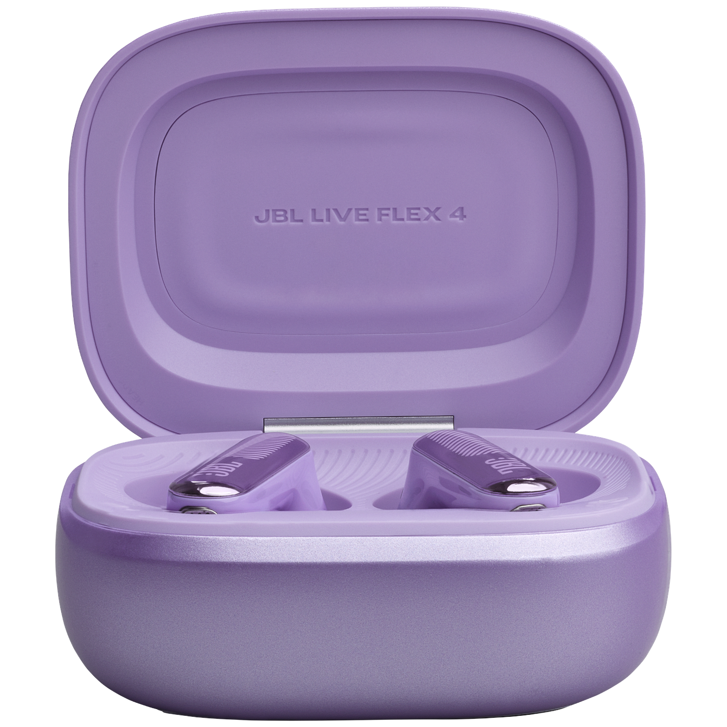 Écouteurs JBL Live Flex 4 violets dans un étui de chargement ouvert.