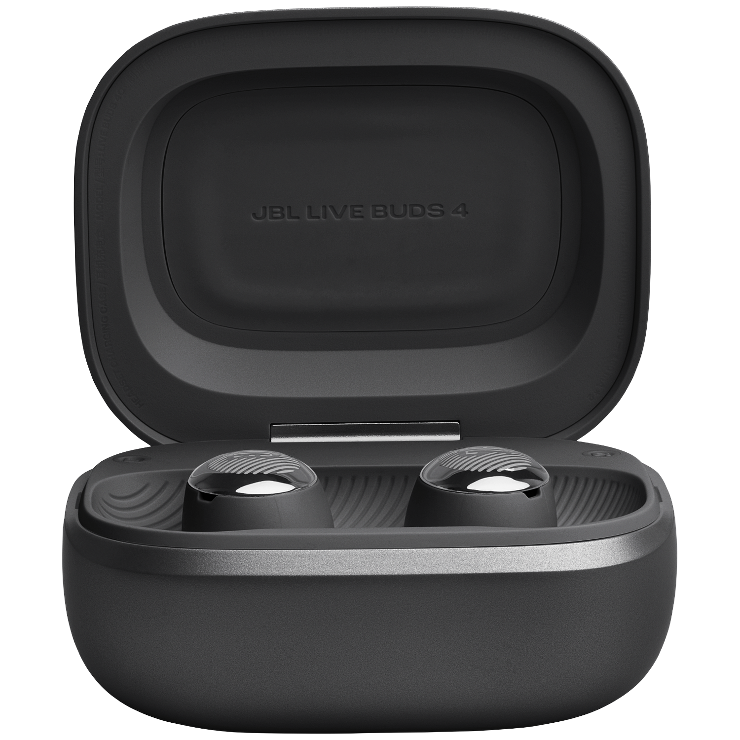 A black JBL Live Buds 4 charging case, open, showing two earbuds inside.
