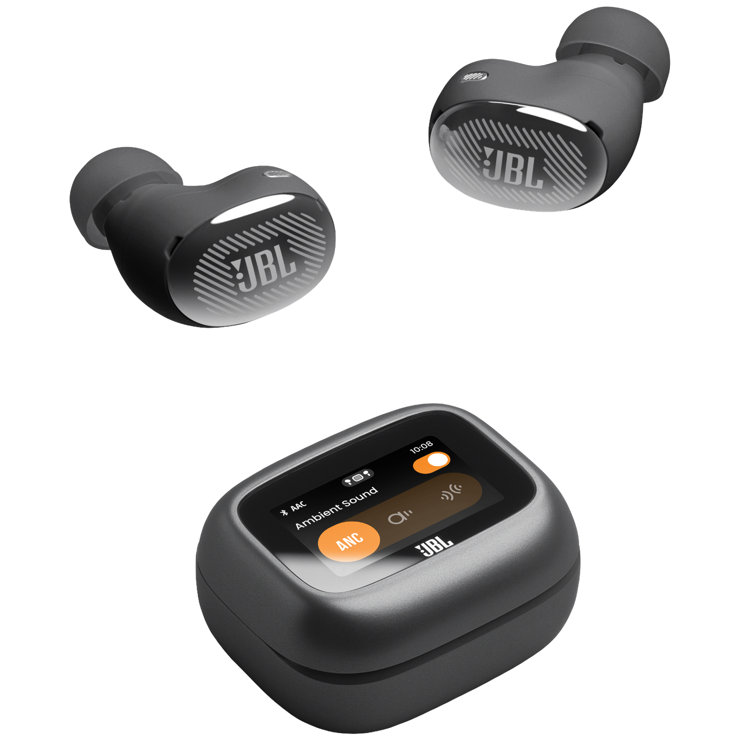 Three gray JBL earbuds and a charging case with a touchscreen displaying ANC.