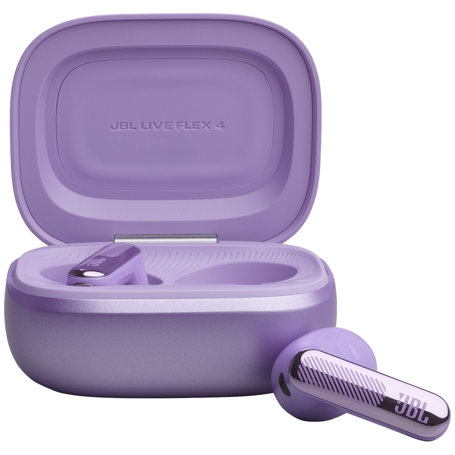 Écouteurs JBL Live Flex 4 violets avec étui de chargement ouvert, un écouteur à côté.