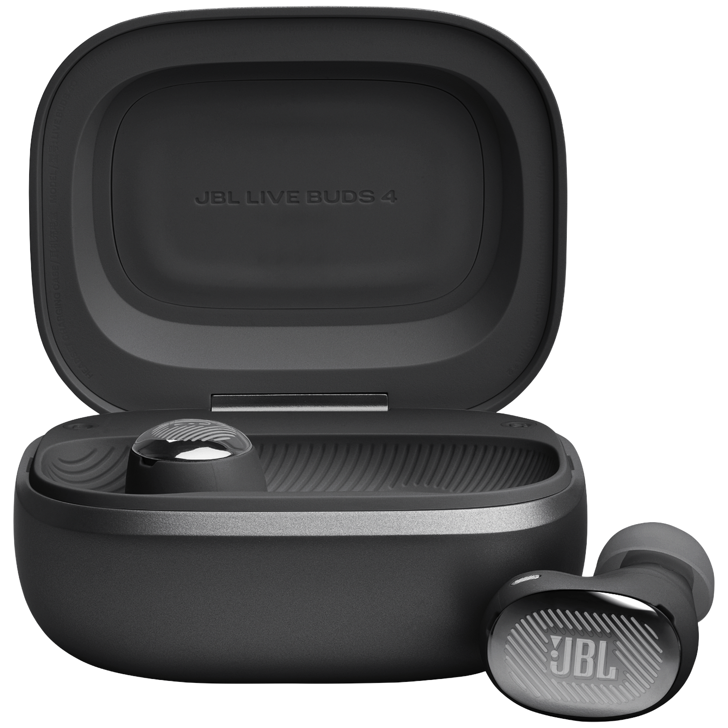 Black JBL Live Buds 4 charging case with one earbud beside it.