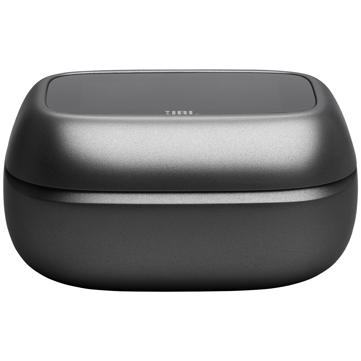 Gray charging case with a glossy top and JBL logo.