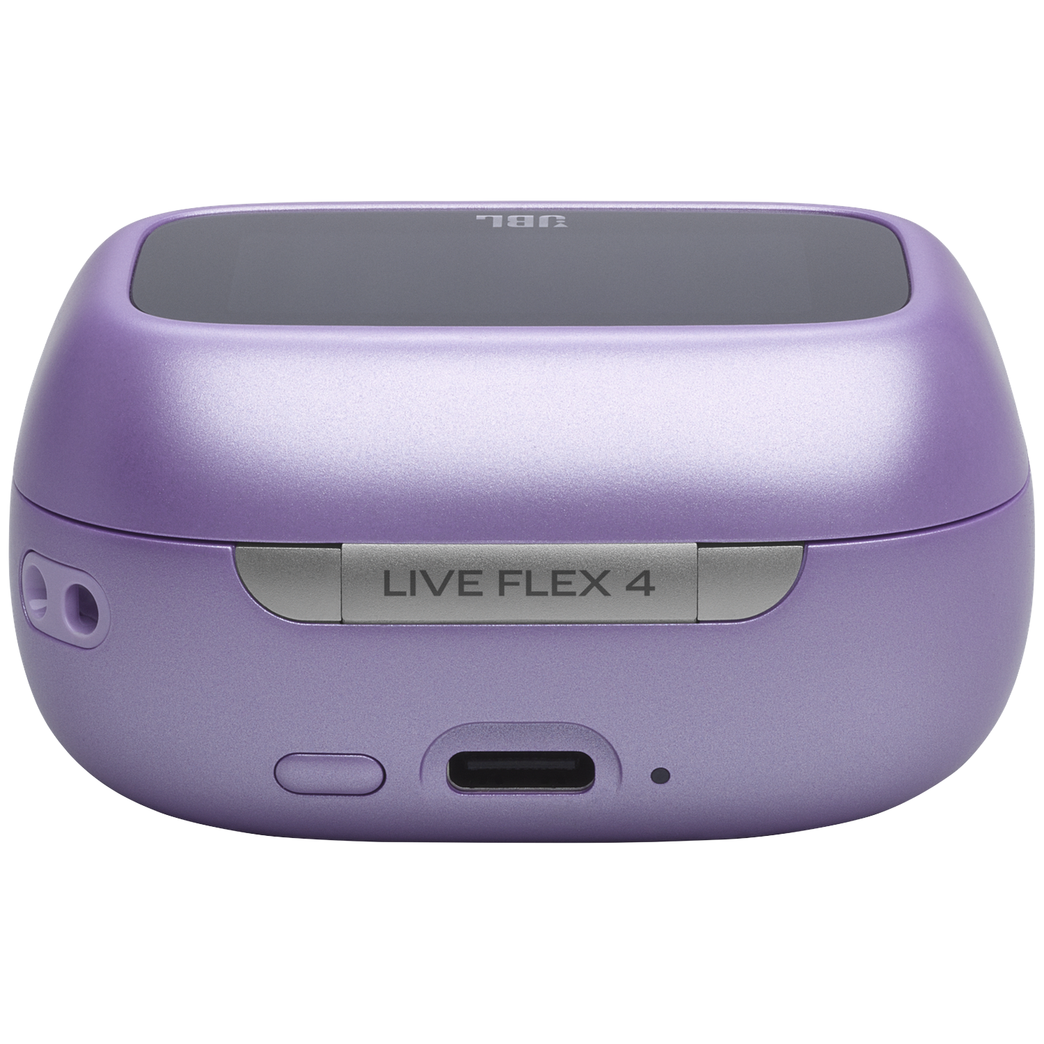 Étui de chargement JBL Live Flex 4 violet avec port USB-C et bouton d'alimentation.