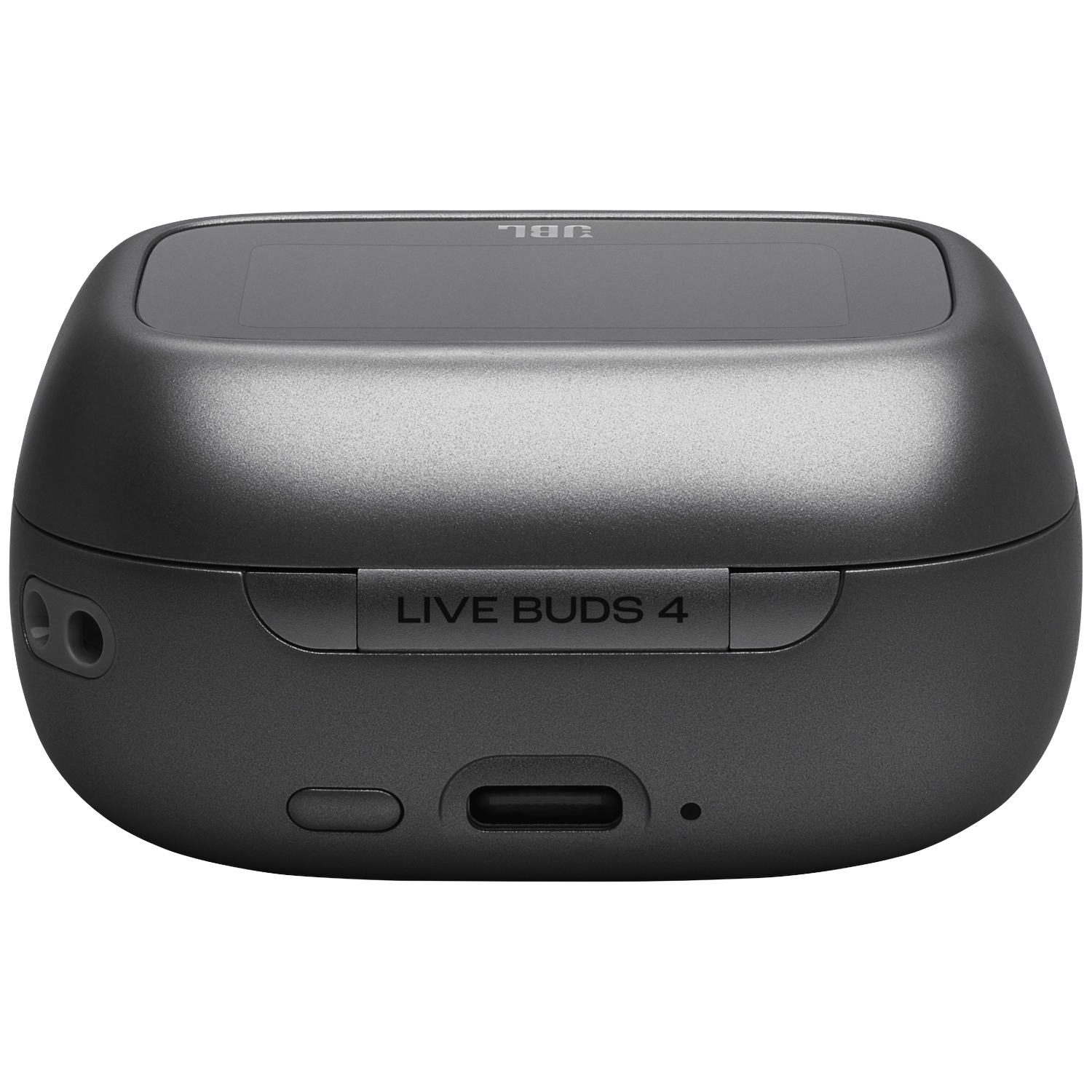 Gray charging case with JBL Live Buds 4 branding and USB-C port.