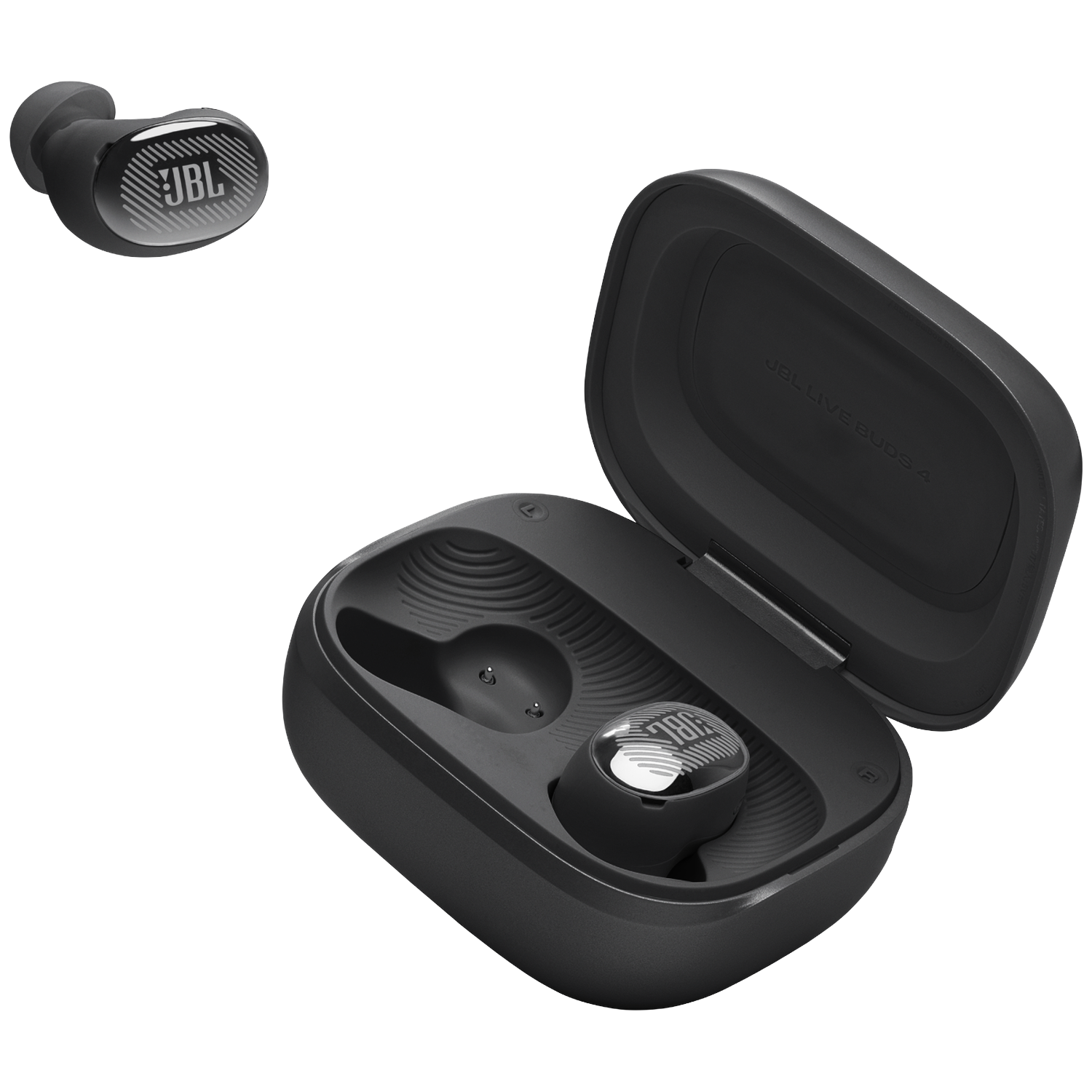 Black JBL earbuds and open charging case. One earbud is outside the case.
