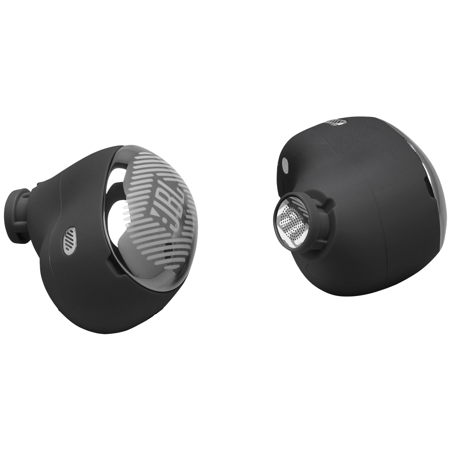 Two black JBL wireless earbuds are displayed on a white background. One shows the JBL logo.