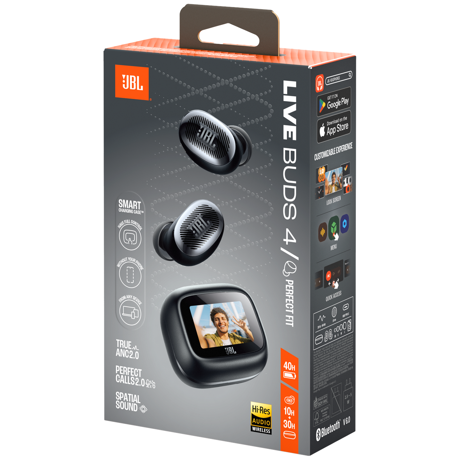 JBL Live Buds 4/0 packaging, showing earbuds, charging case, and brand logo.