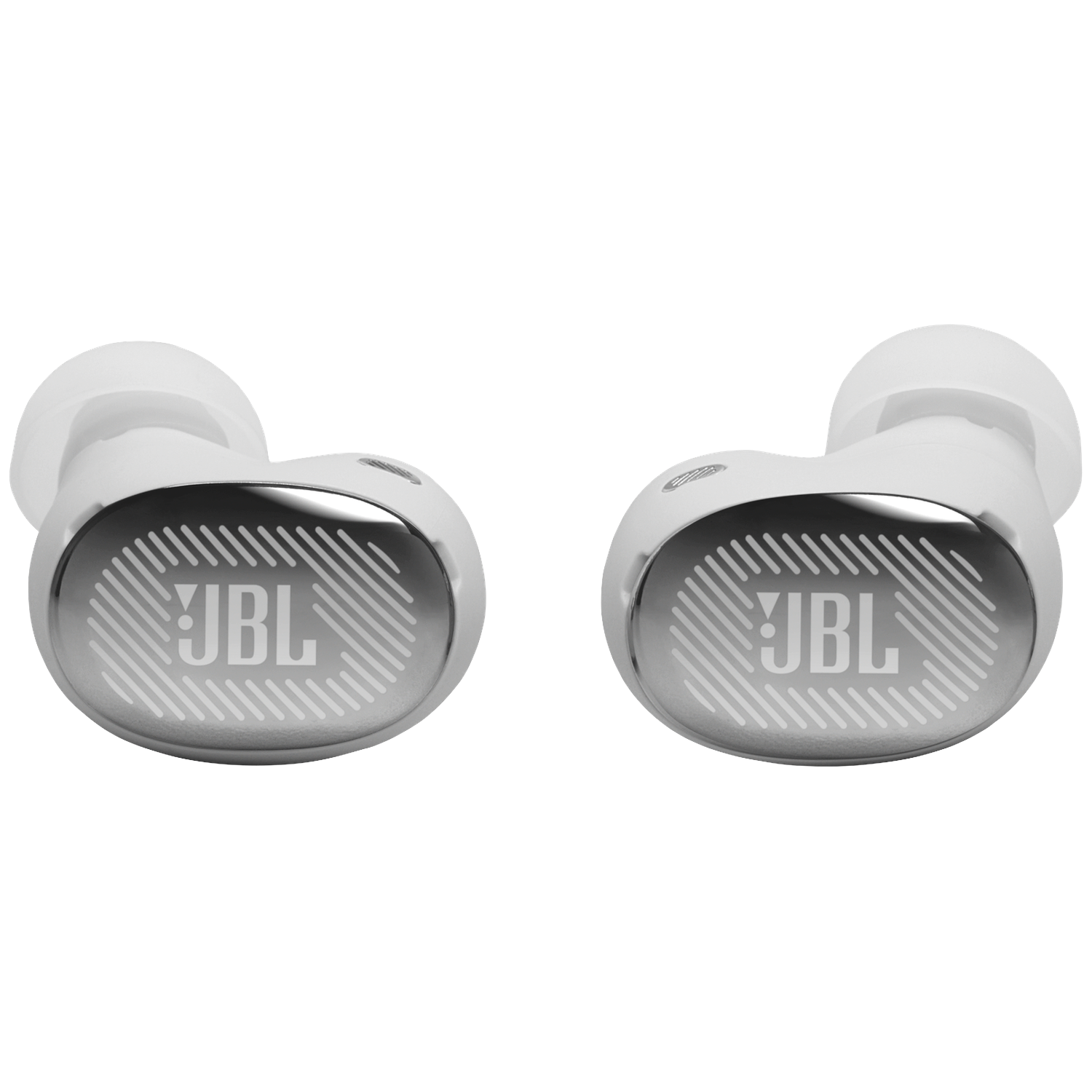 Two white JBL earbuds with silver accents and JBL logo.