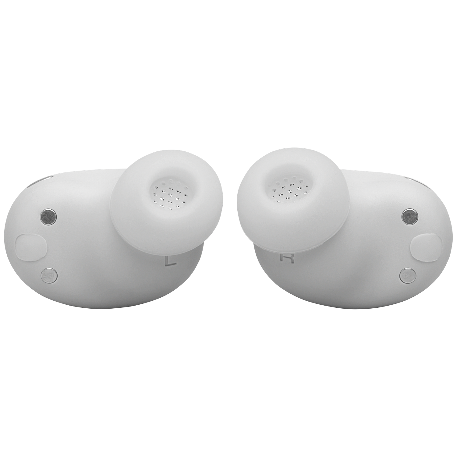Two white wireless earbuds side by side on a white background.