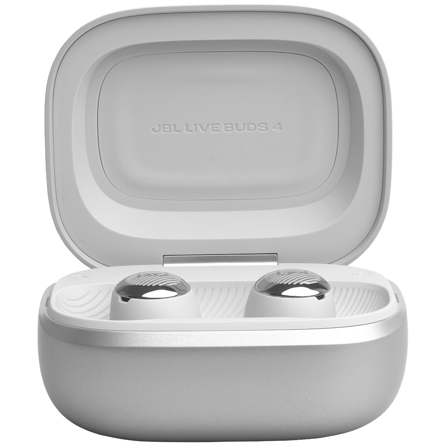 White JBL Live Buds 4 earbuds inside an open charging case.