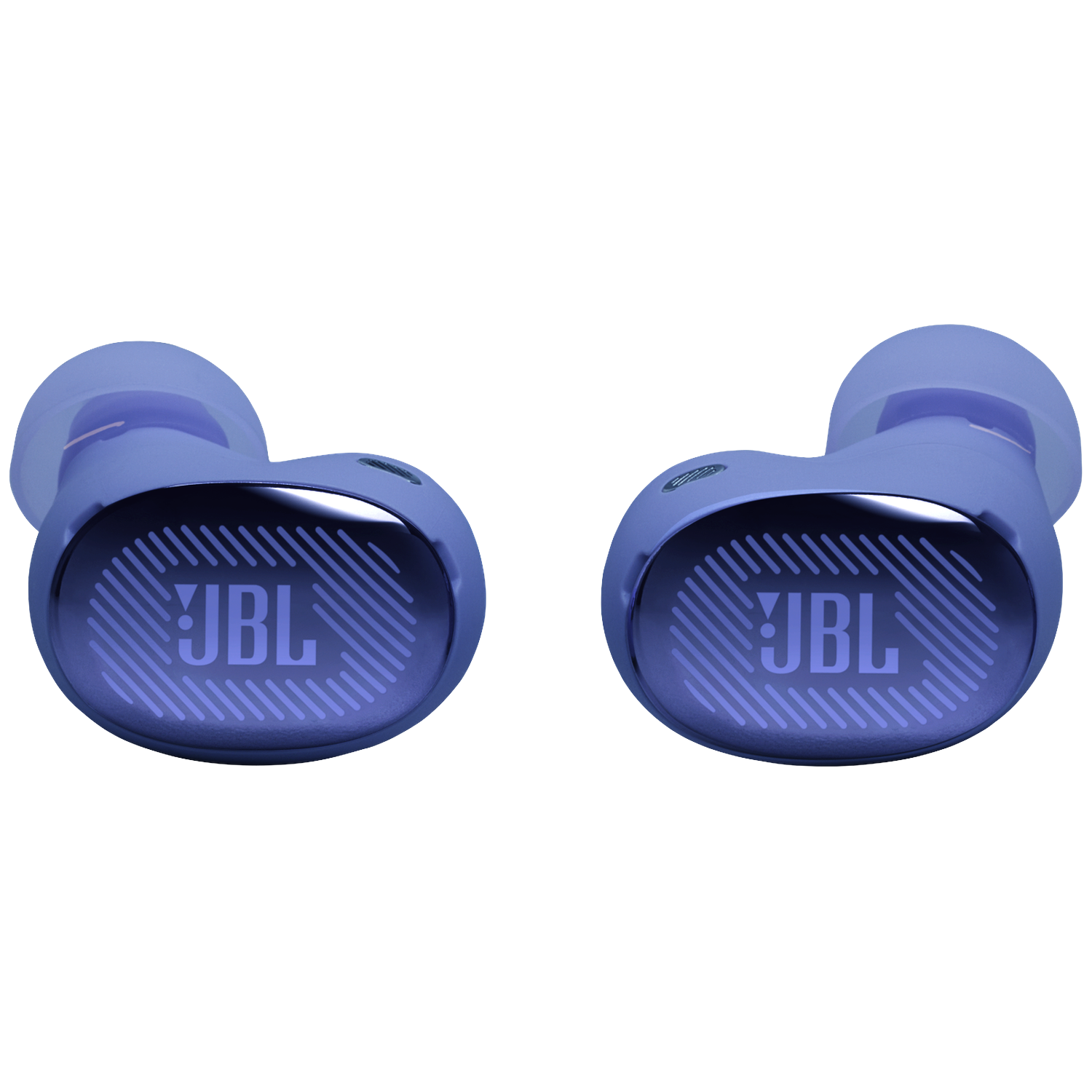Deux écouteurs JBL violets avec logo JBL bleu sur fond blanc.
