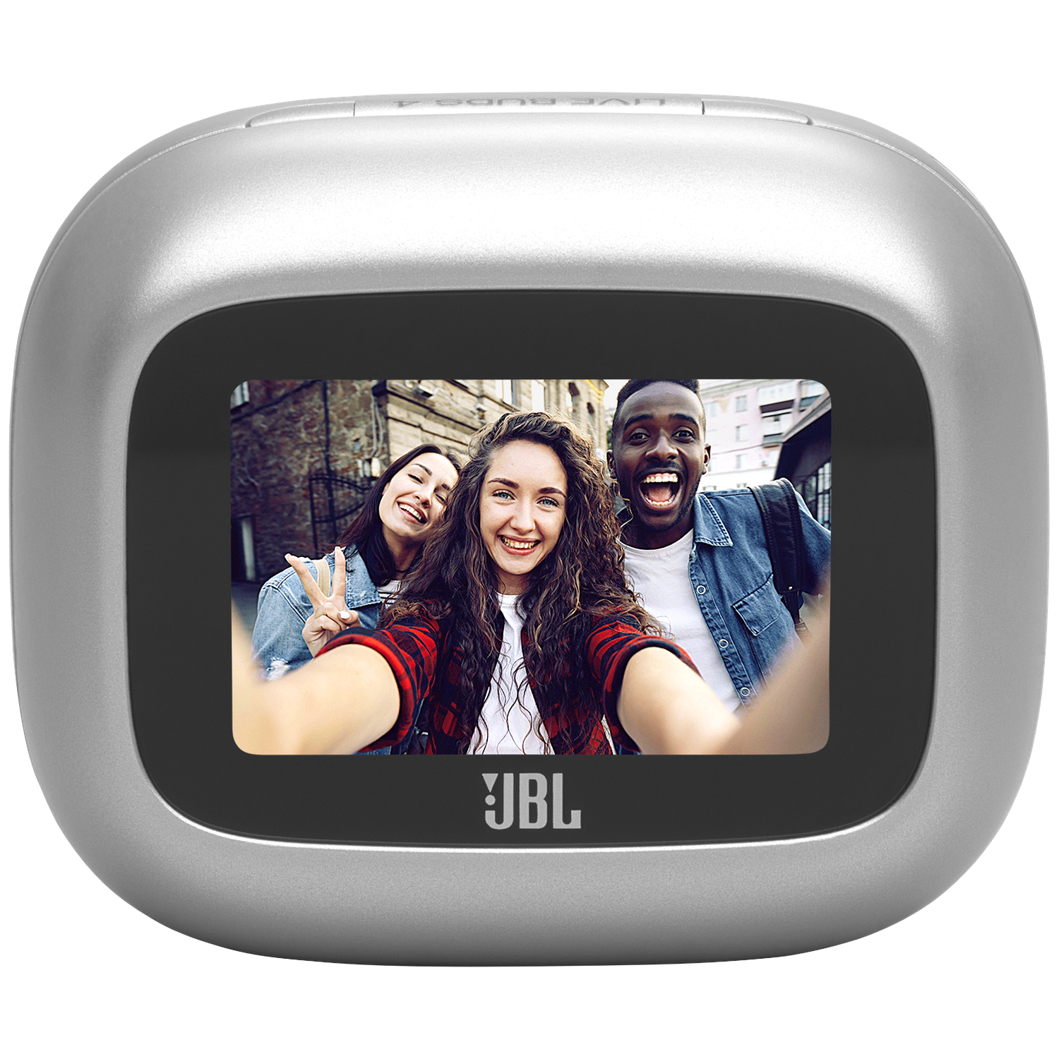 Silver JBL case displaying a selfie of three laughing young people.