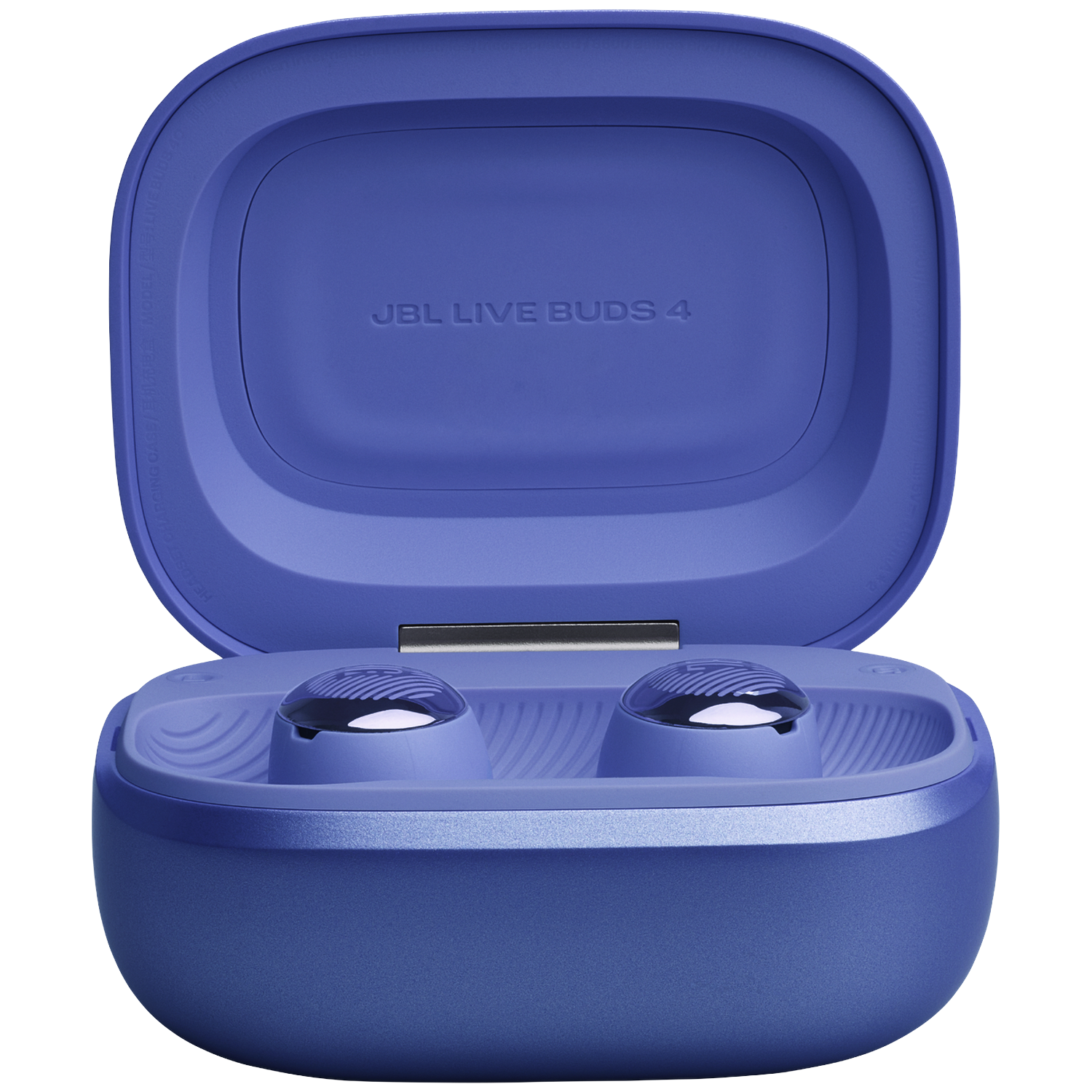 Écouteurs JBL Live Buds 4 bleus dans un étui de chargement ouvert.
