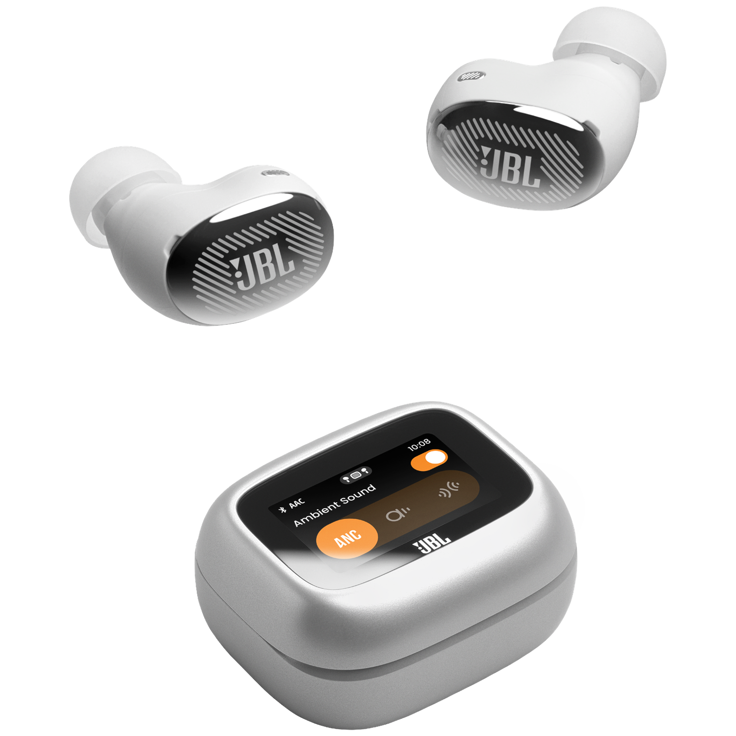 Three white JBL earbuds and a charging case with a screen.