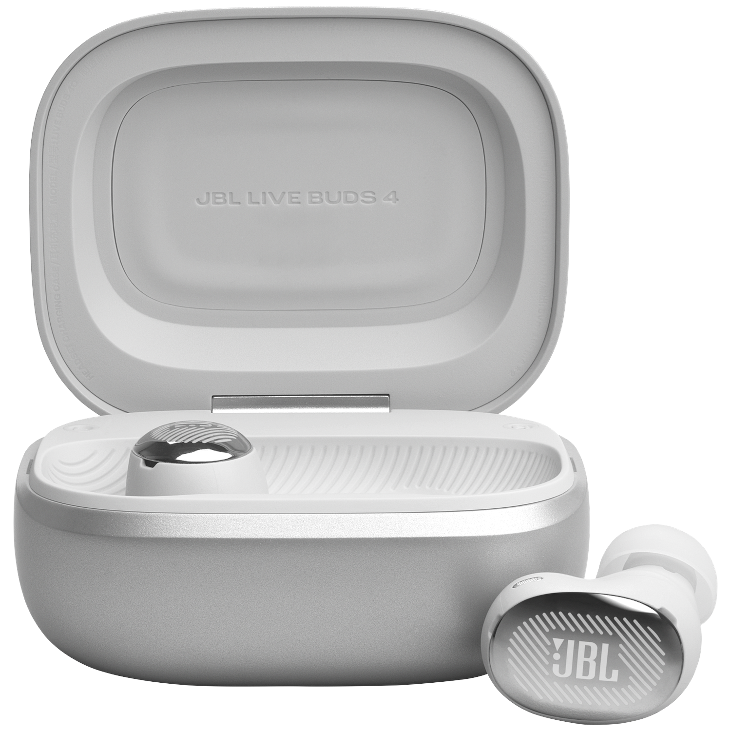 White JBL Live Buds 4 earbuds with charging case, one earbud outside.