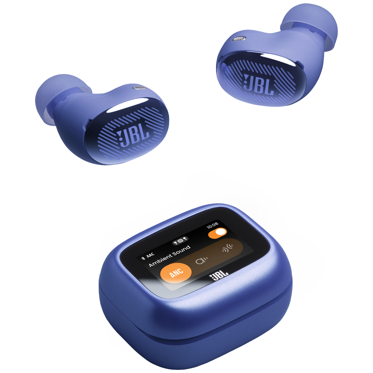 Deux écouteurs JBL bleus et un étui de chargement bleu avec écran.