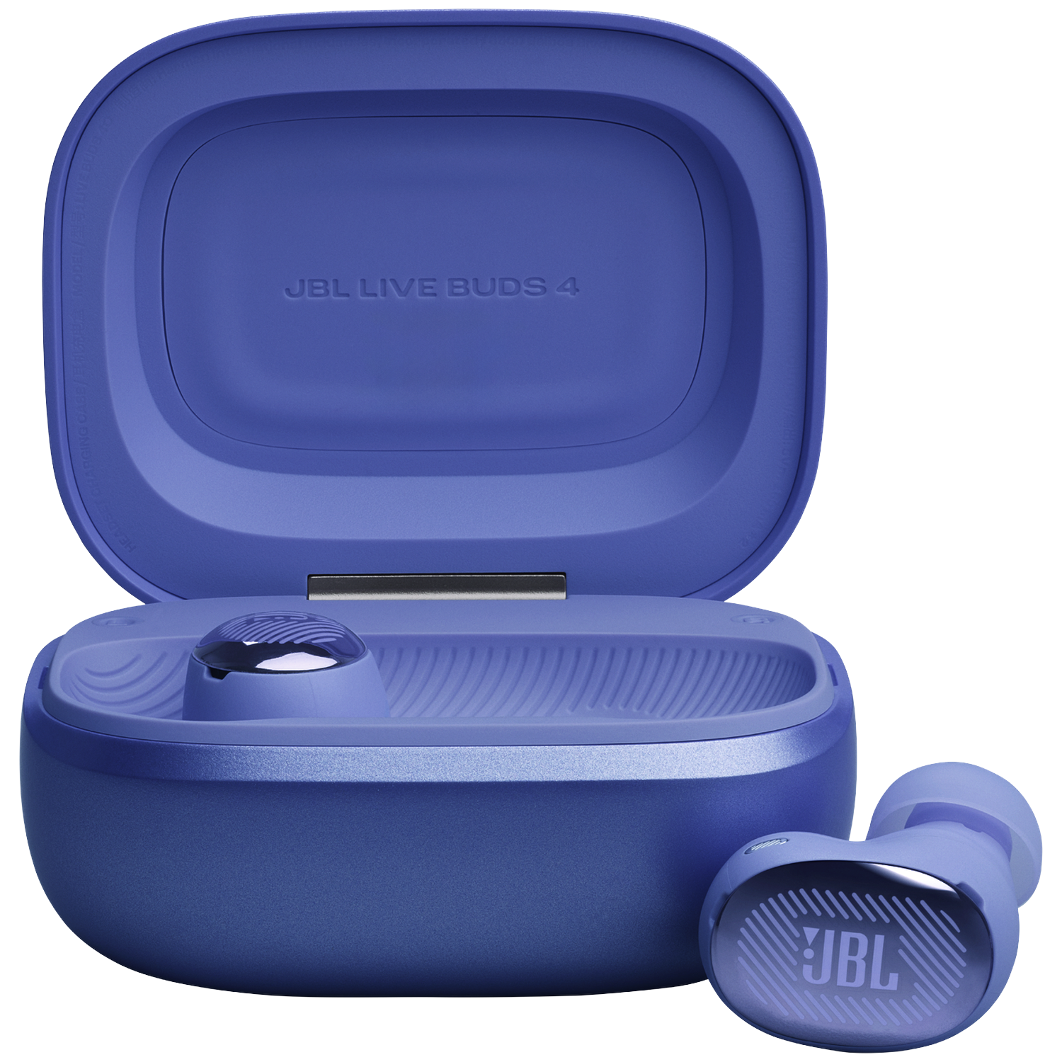 JBL Live Buds 4 bleus dans un étui de chargement ouvert avec un écouteur à côté.