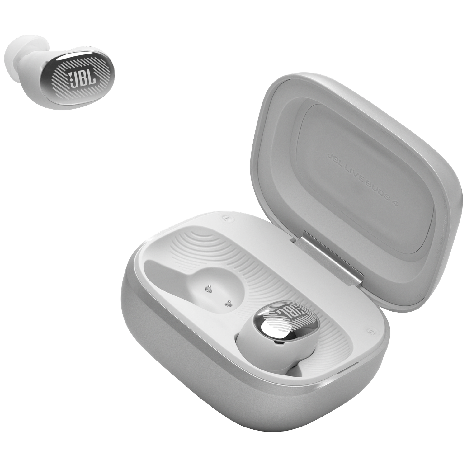 White JBL earbuds with charging case, one earbud beside it.