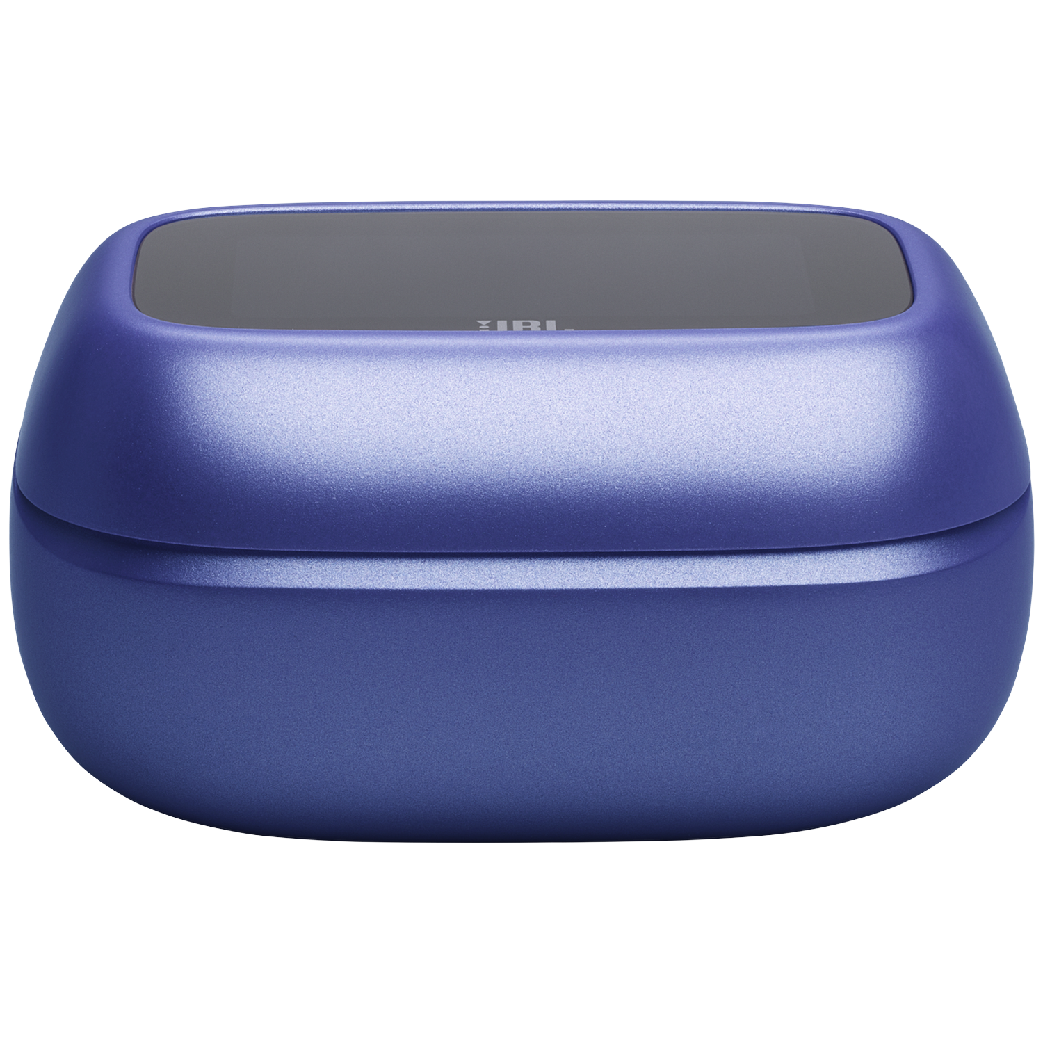 Un étui de chargement JBL fermé, violet, avec une finition brillante et un couvercle sombre.