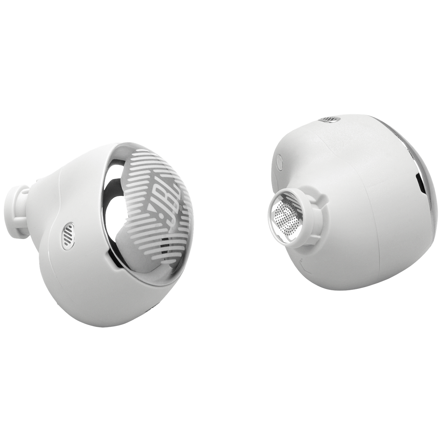 Two white JBL earbuds with silver accents on a white background.
