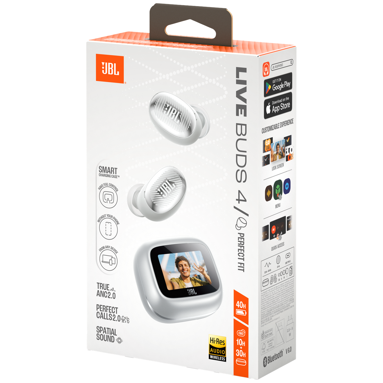 JBL Live Buds 4 headphone packaging with earbuds and charging case shown on the front.