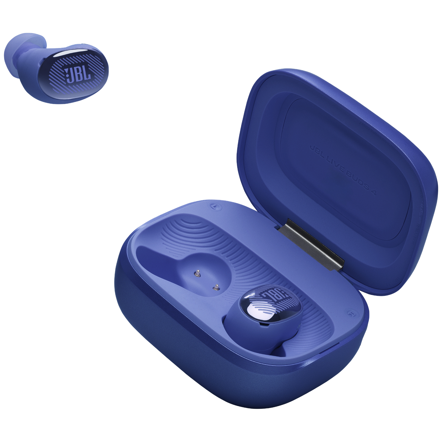 Écouteurs JBL bleus, un séparé, l'autre dans un étui de chargement ouvert.