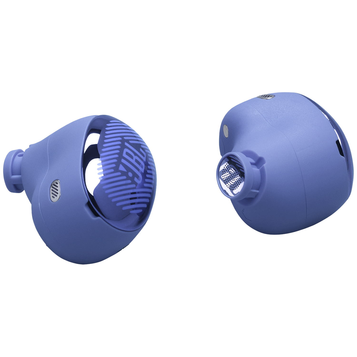 Deux écouteurs JBL violets avec surfaces réfléchissantes et logo sur fond noir.