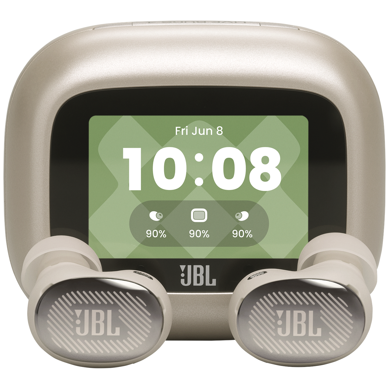 Un boîtier de charge JBL beige affiche l'heure 10:08 et batterie 90%. Deux écouteurs blancs sont devant.