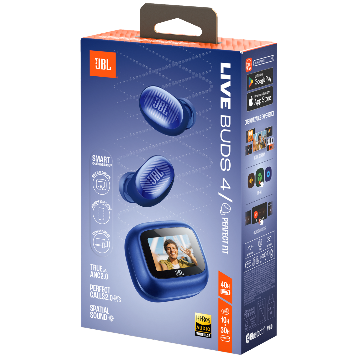 Boîte bleue JBL Live Buds 4 montrant des écouteurs, un étui de chargement et des caractéristiques.